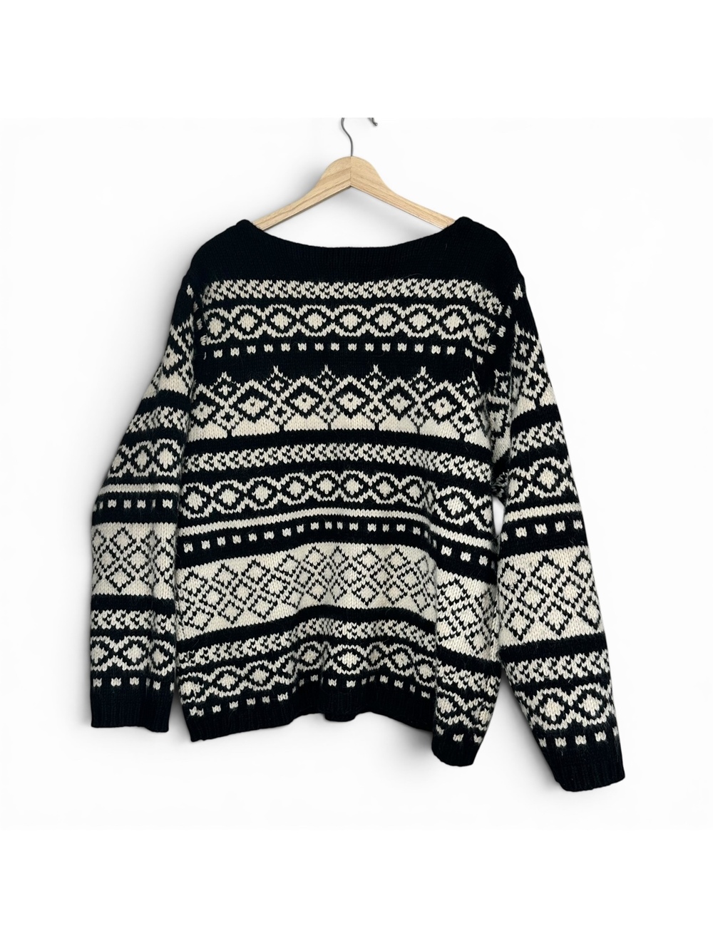 Vintage Eddie Bauer Fair Isle Wool Angora Blend Sweater Nordic Black Ivory - Picture 2 of 4